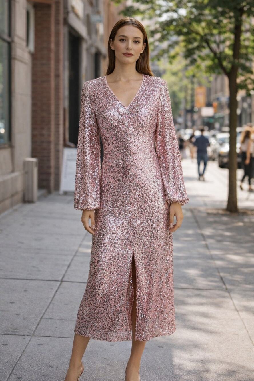 Melloday long sleeve pink sequin V-neck midi dress. Front Slit. Size XS NWOT